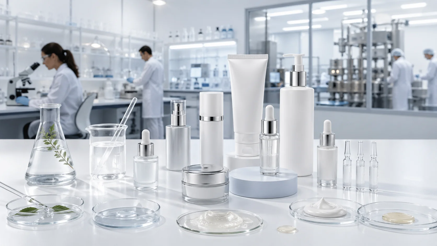 A variety of skincare products on a lab table with scientists working in the background. Featuring creams, bottles, and glass beakers.
